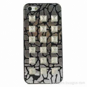 Cases for iPhone 5, made of PC, slot post solid leather drill (silver leopard grain)